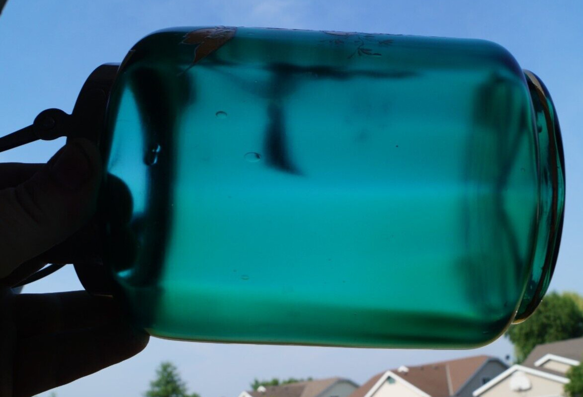 Antique 1900 Victorian Art Nouveau Art Glass Green Biscuit Jar / Pickle Castor