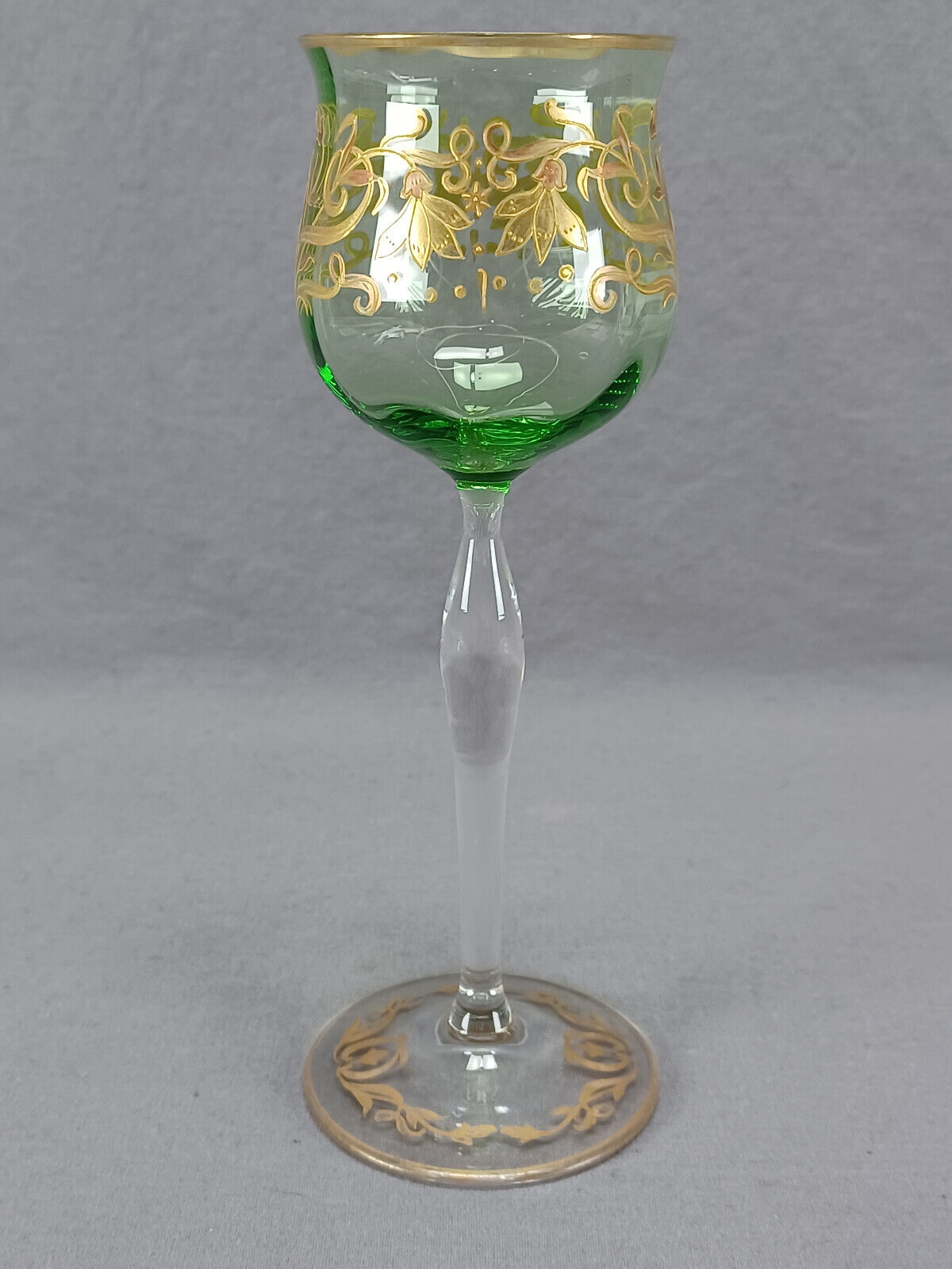Bohemian Josephinenhutte Raised Gold Art Nouveau Floral Green Hock Wine Glass