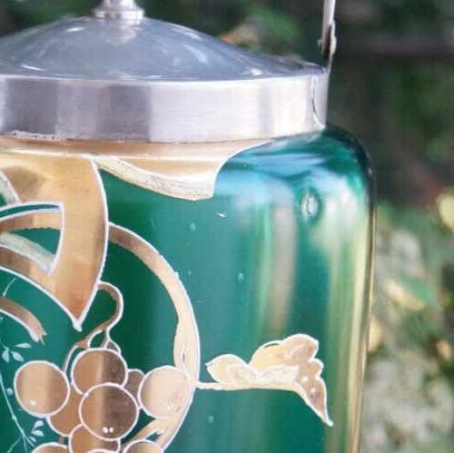 Antique 1900 Victorian Art Nouveau Art Glass Green Biscuit Jar / Pickle Castor