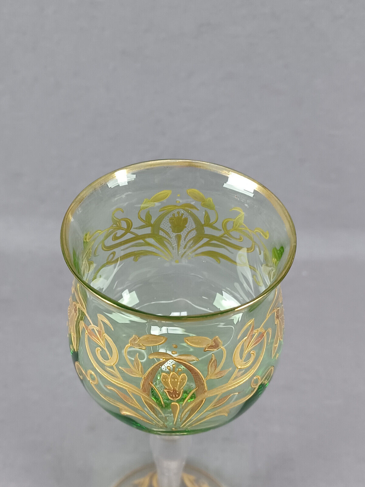 Bohemian Josephinenhutte Raised Gold Art Nouveau Floral Green Hock Wine Glass