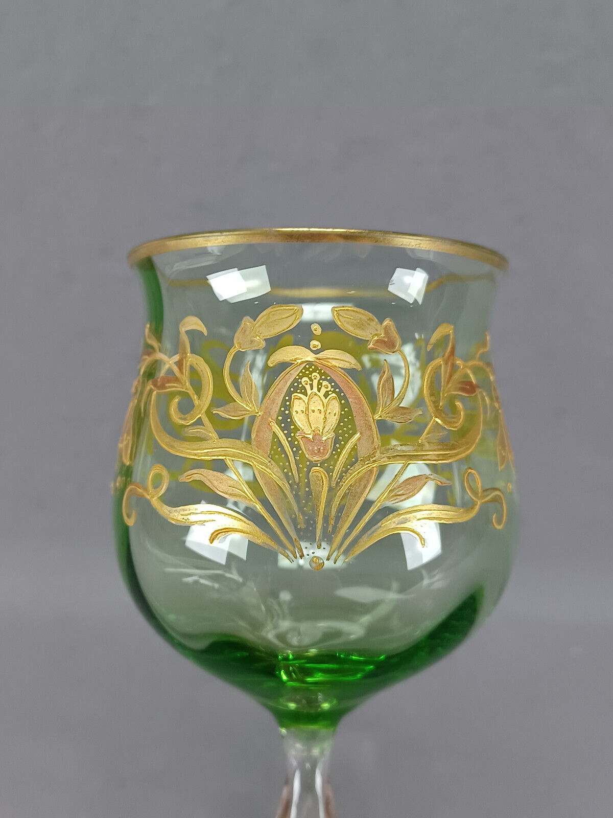 Bohemian Josephinenhutte Raised Gold Art Nouveau Floral Green Hock Wine Glass