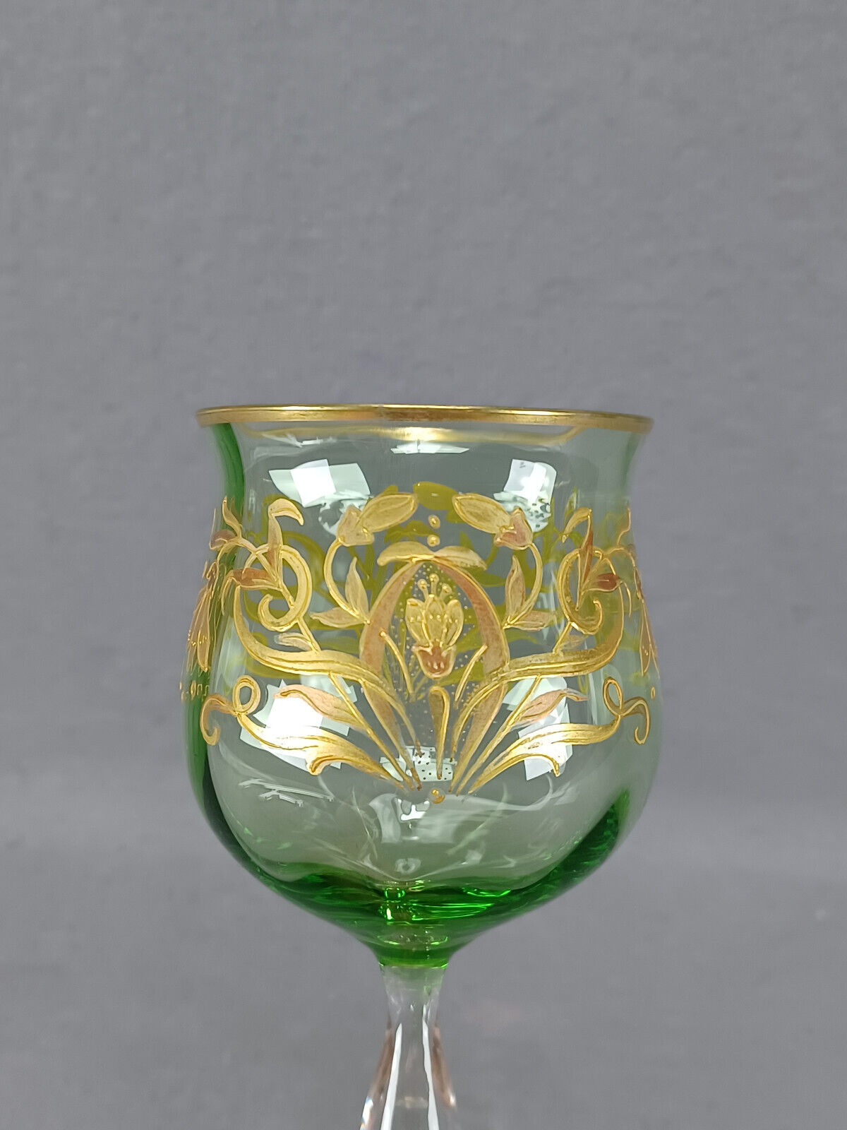 Bohemian Josephinenhutte Raised Gold Art Nouveau Floral Green Hock Wine Glass