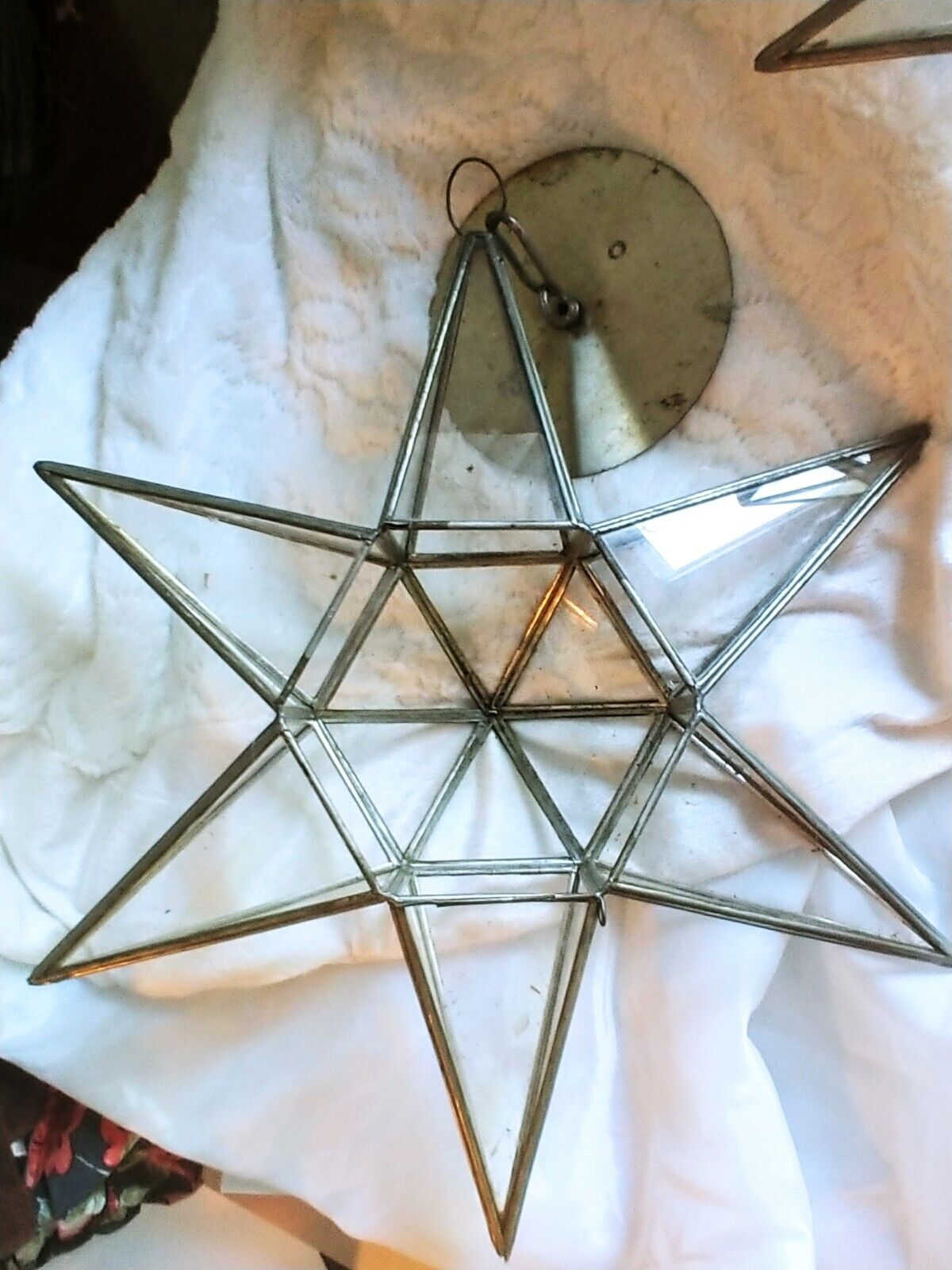 Pair Of Antique Moravian Star Tin And Glass Star Light Fixture Early 1900s