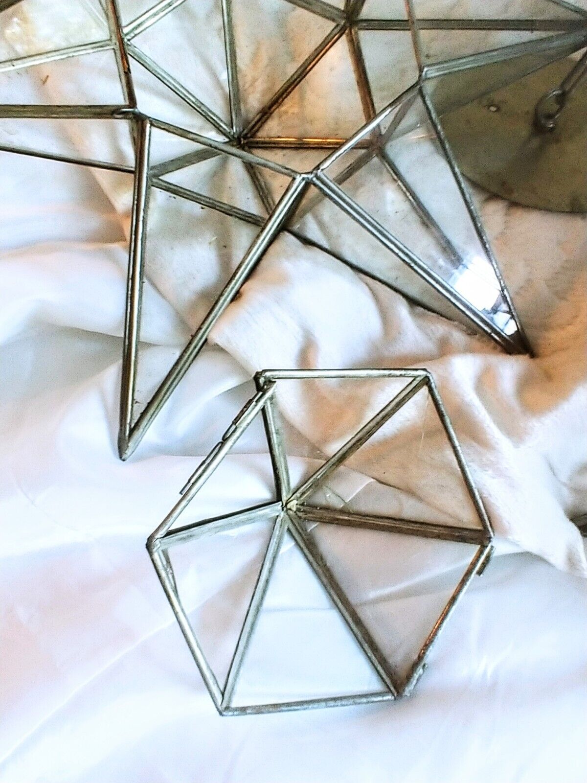 Pair Of Antique Moravian Star Tin And Glass Star Light Fixture Early 1900s