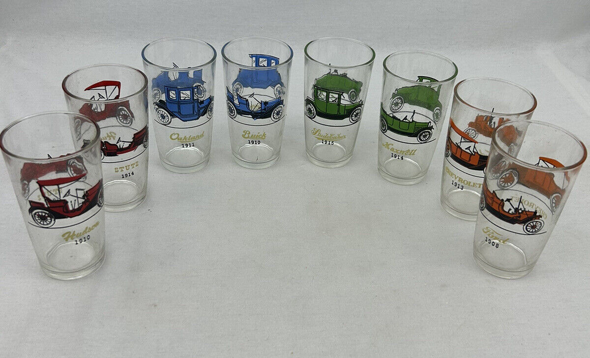 NEW Vtg HAZEL ATLAS 1900's Antique Car Drinking Glasses Tumbler Set Of 8 Org Box