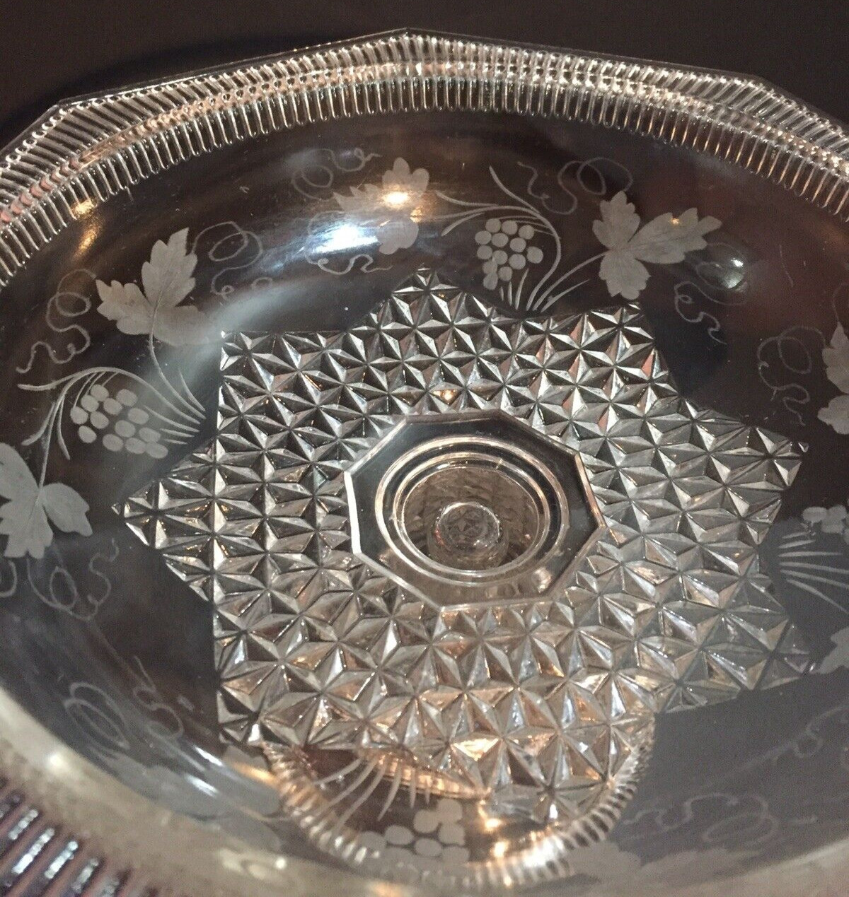 Antique Etched Elegant Glassware Open Compote Bowl Metal Handle Early 1900s