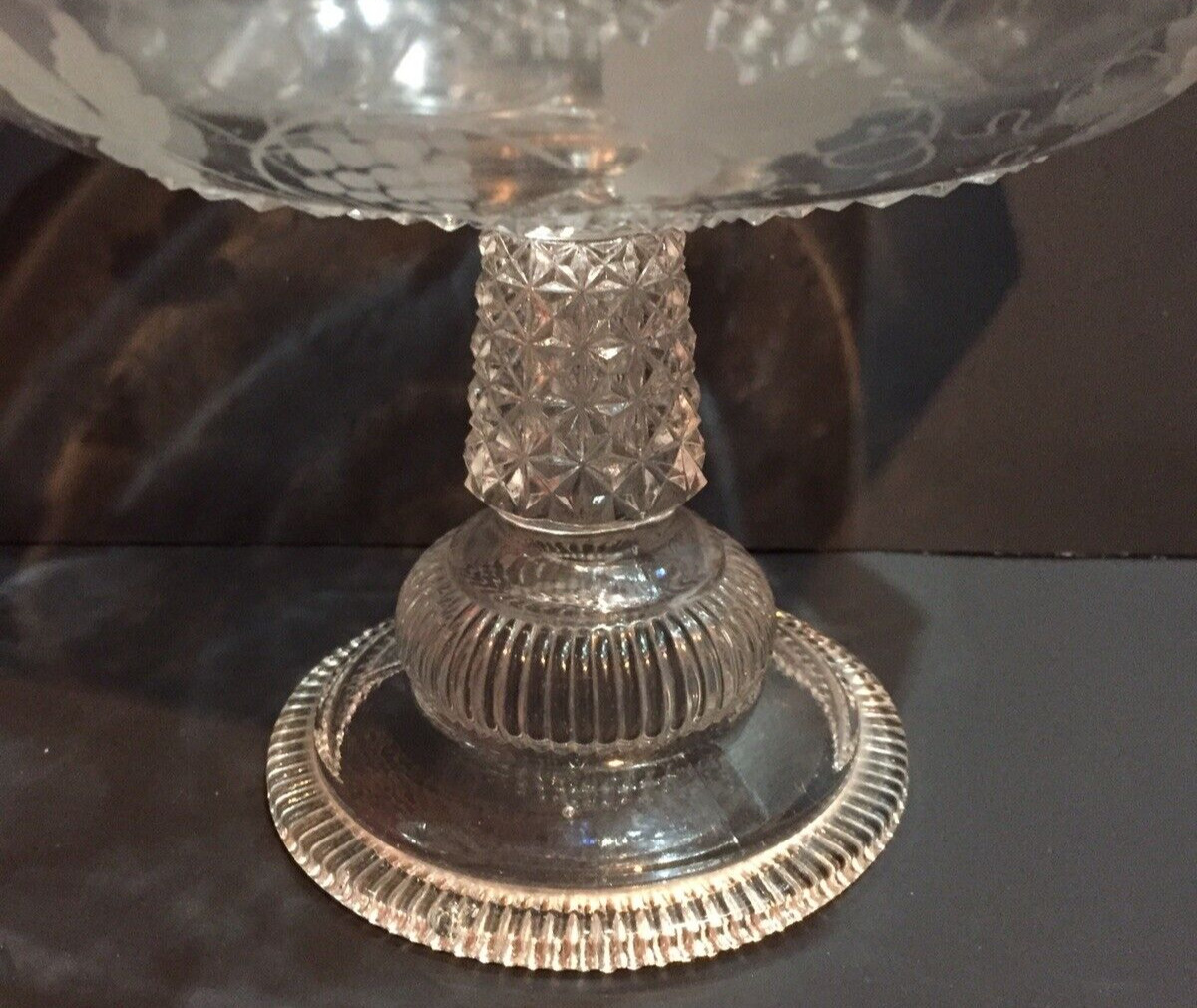 Antique Etched Elegant Glassware Open Compote Bowl Metal Handle Early 1900s