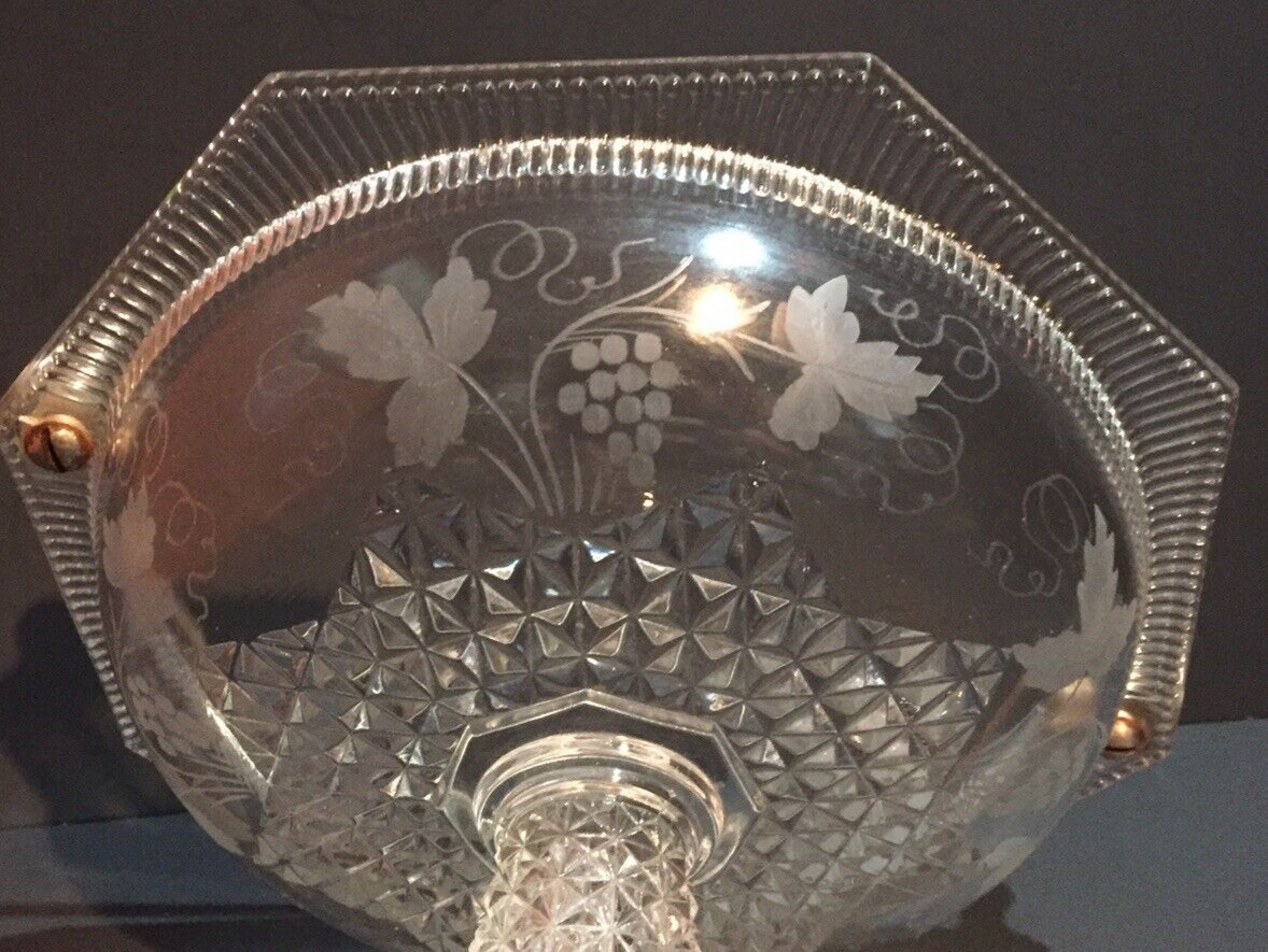 Antique Etched Elegant Glassware Open Compote Bowl Metal Handle Early 1900s