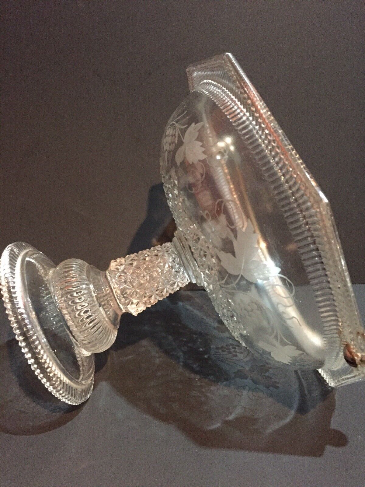 Antique Etched Elegant Glassware Open Compote Bowl Metal Handle Early 1900s