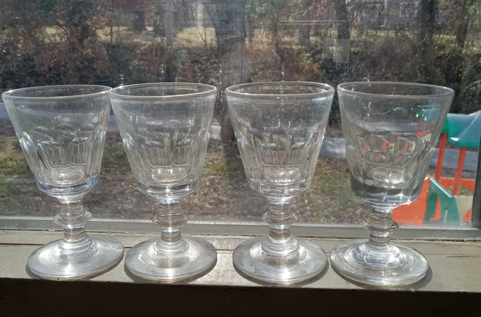 EARLY 1800s MATCHING SET OF 4 CUT GLASS 9 PANEL WINE GLASSES GROUND PONTIL MINT!