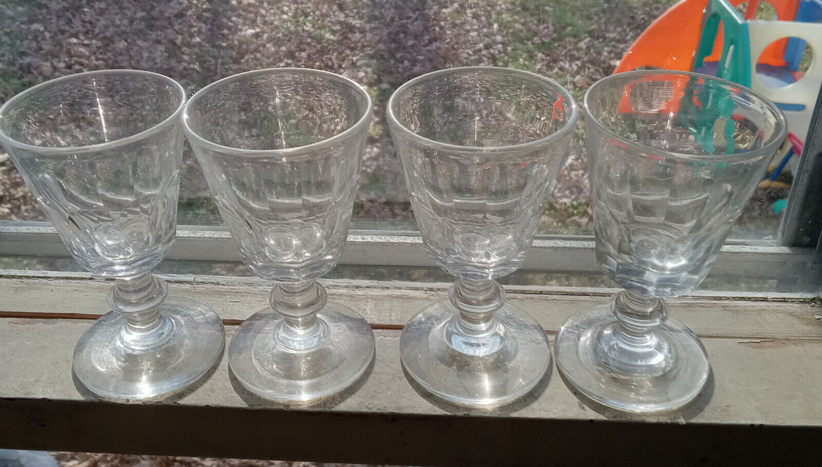 EARLY 1800s MATCHING SET OF 4 CUT GLASS 9 PANEL WINE GLASSES GROUND PONTIL MINT!
