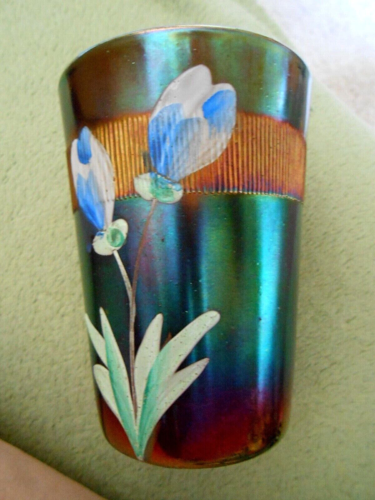 FENTON Prism Band Blue Crocus Tumbler Carnival Glass Iridescent early 1900s