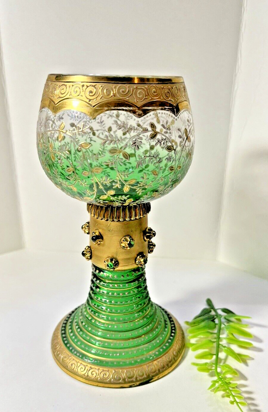Moser Green Goblet/Chalice With Gold Accent 1900's Czech Republic Bohemia ML