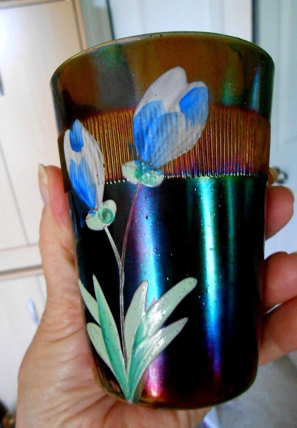FENTON Prism Band Blue Crocus Tumbler Carnival Glass Iridescent early 1900s