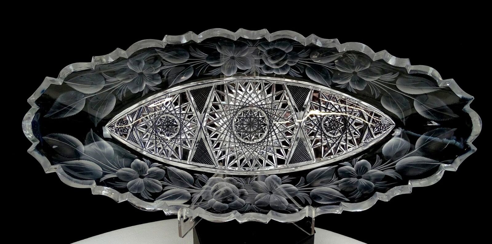 STERLING CUT GLASS CO. REGAL PATTERN ETCHED FLORAL 12 3/4" CELERY DISH 1900's