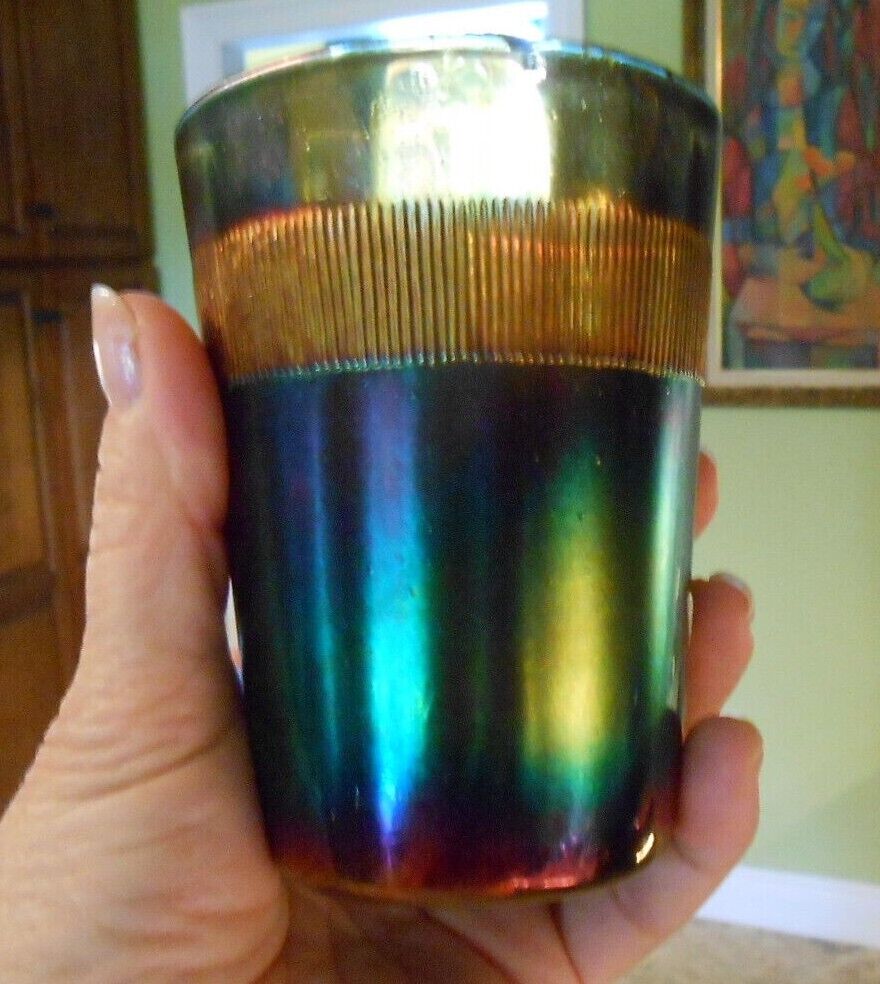 FENTON Prism Band Blue Crocus Tumbler Carnival Glass Iridescent early 1900s