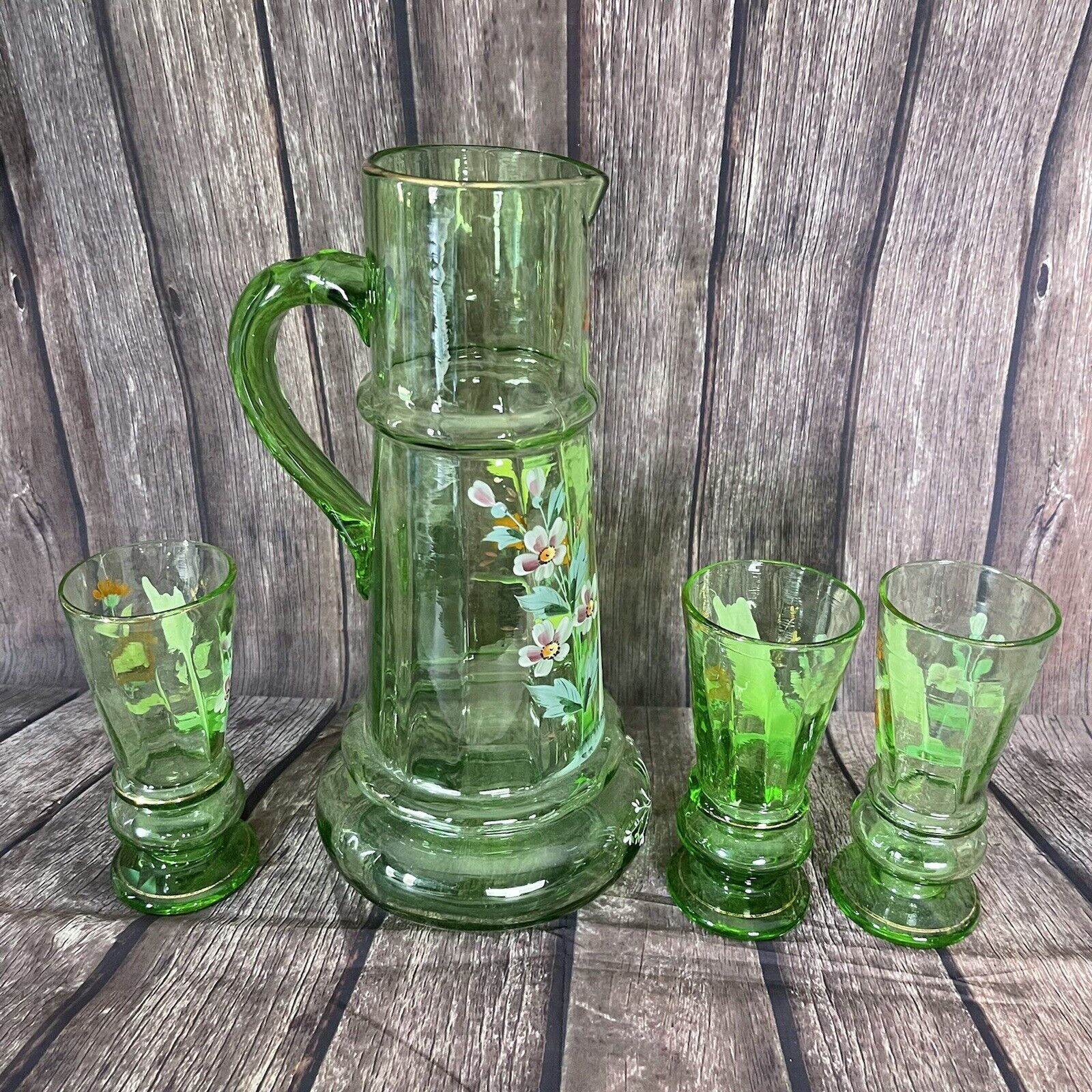 Very Large Serving Pitcher Glass Enamel Painted Bohemian 1900 3 Glasses Floral 