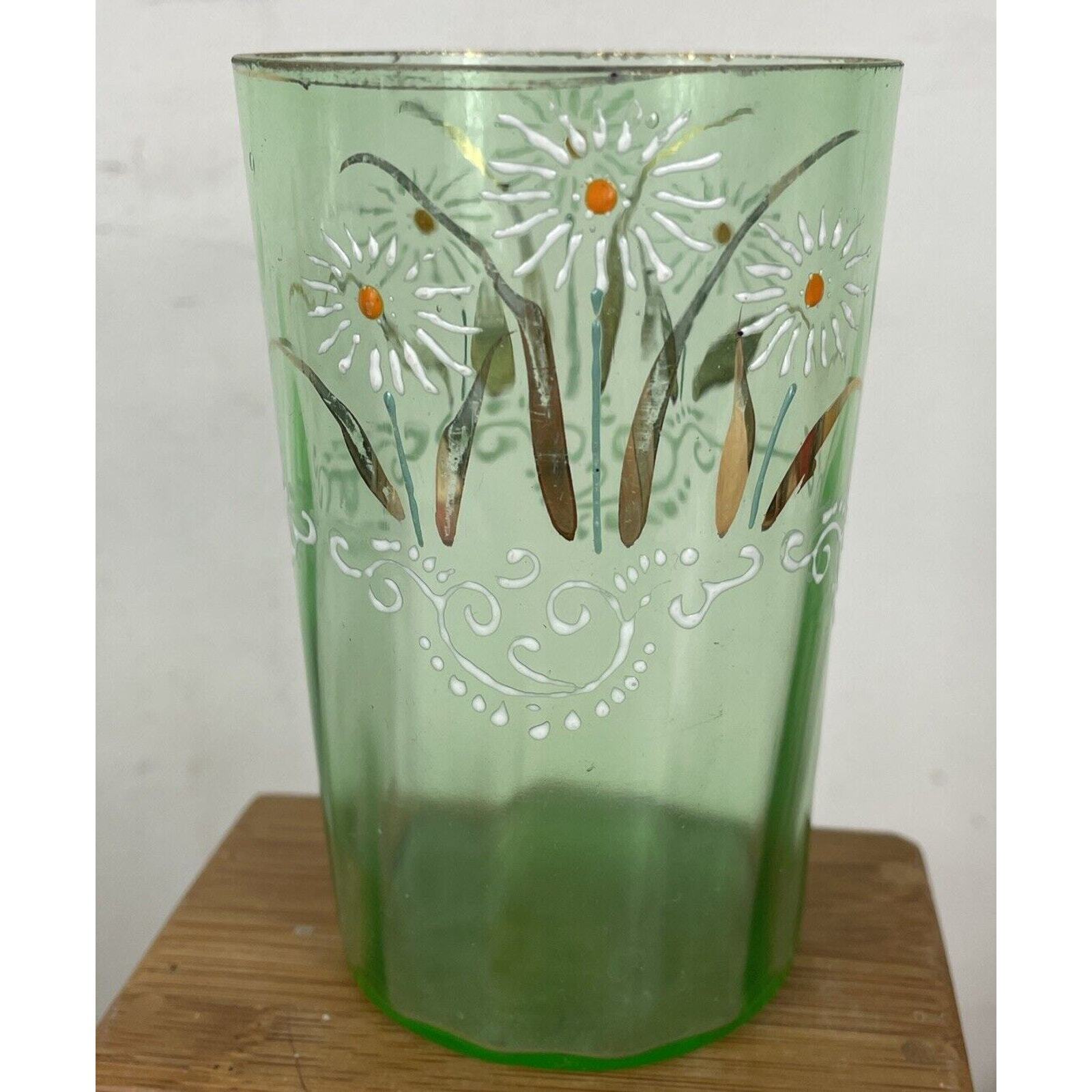 Antique Glass Tumbler Victorian Green Hand Painted Floral Enameled 4" 1800’s