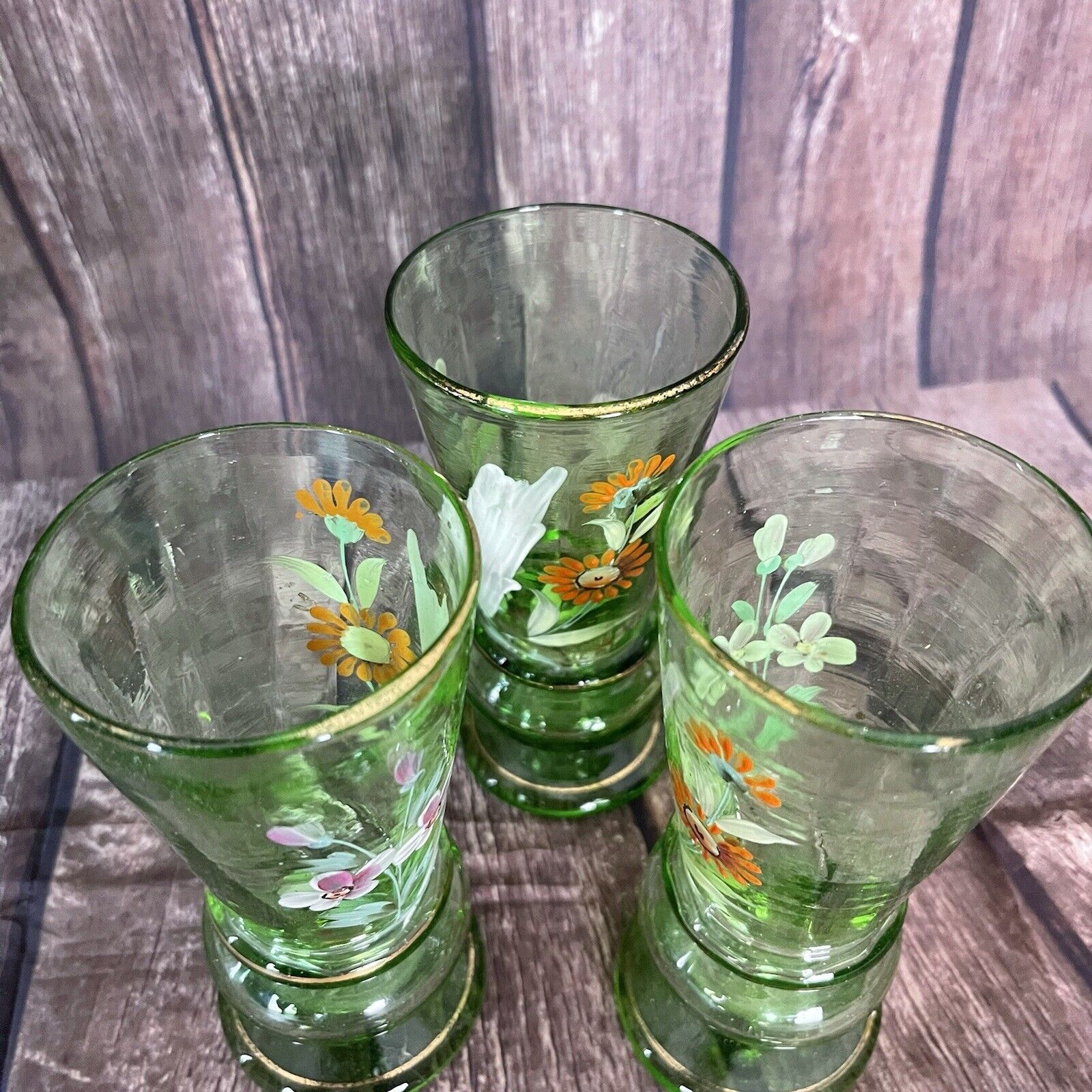 Very Large Serving Pitcher Glass Enamel Painted Bohemian 1900 3 Glasses Floral 