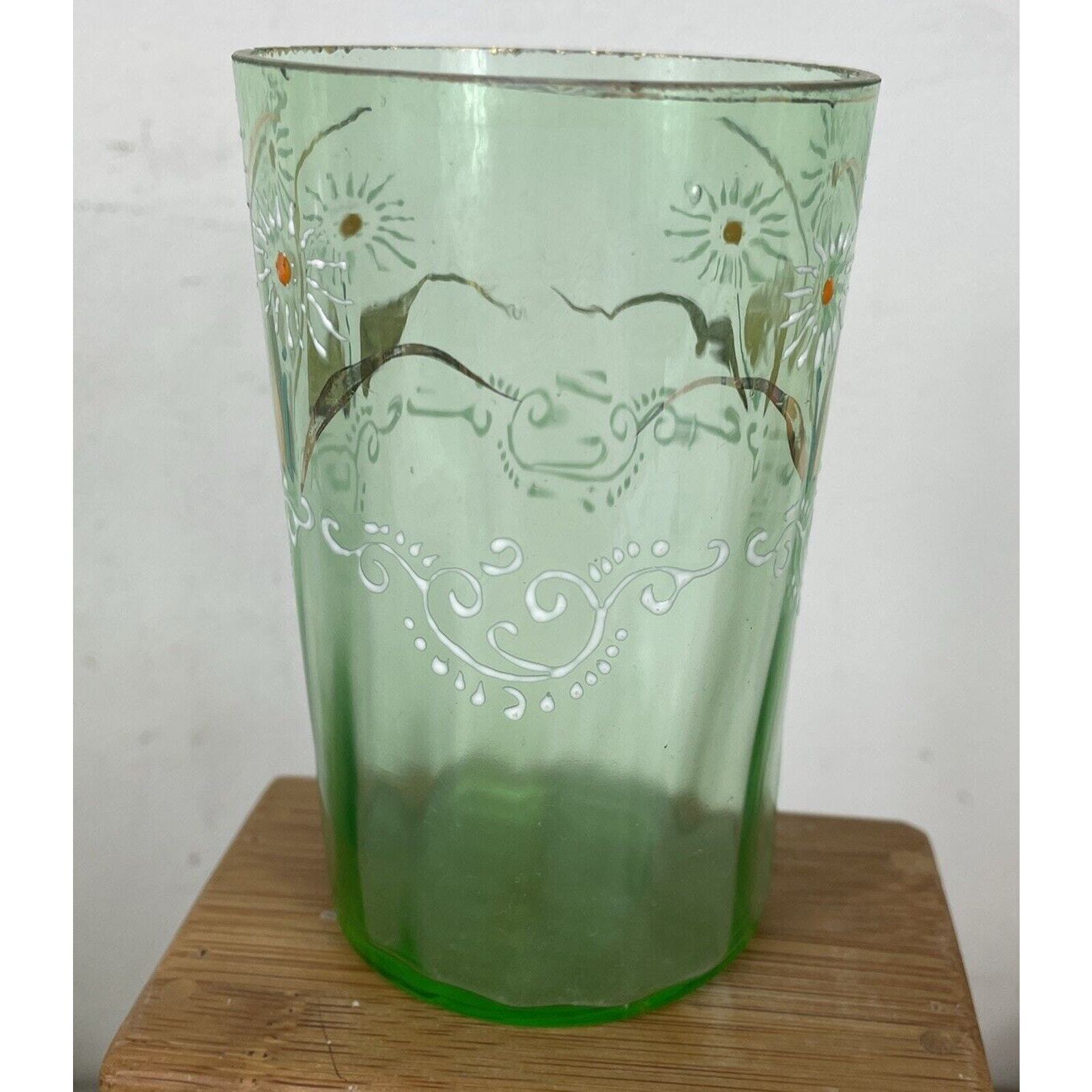 Antique Glass Tumbler Victorian Green Hand Painted Floral Enameled 4" 1800’s