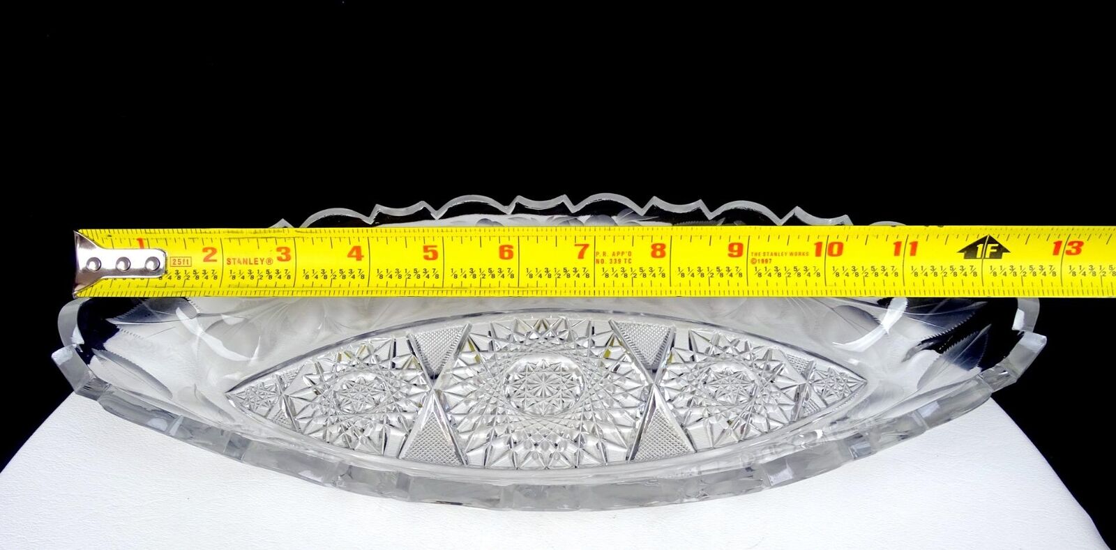 STERLING CUT GLASS CO. REGAL PATTERN ETCHED FLORAL 12 3/4" CELERY DISH 1900's