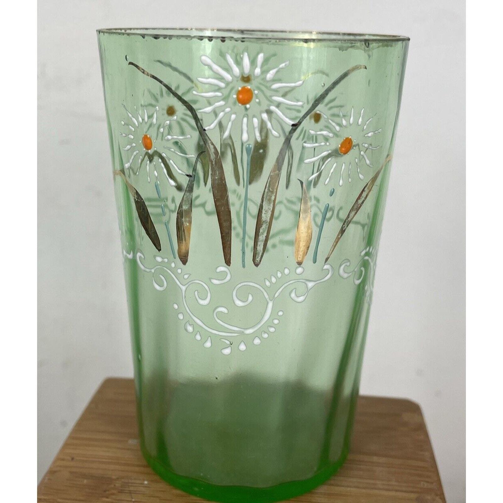 Antique Glass Tumbler Victorian Green Hand Painted Floral Enameled 4" 1800’s