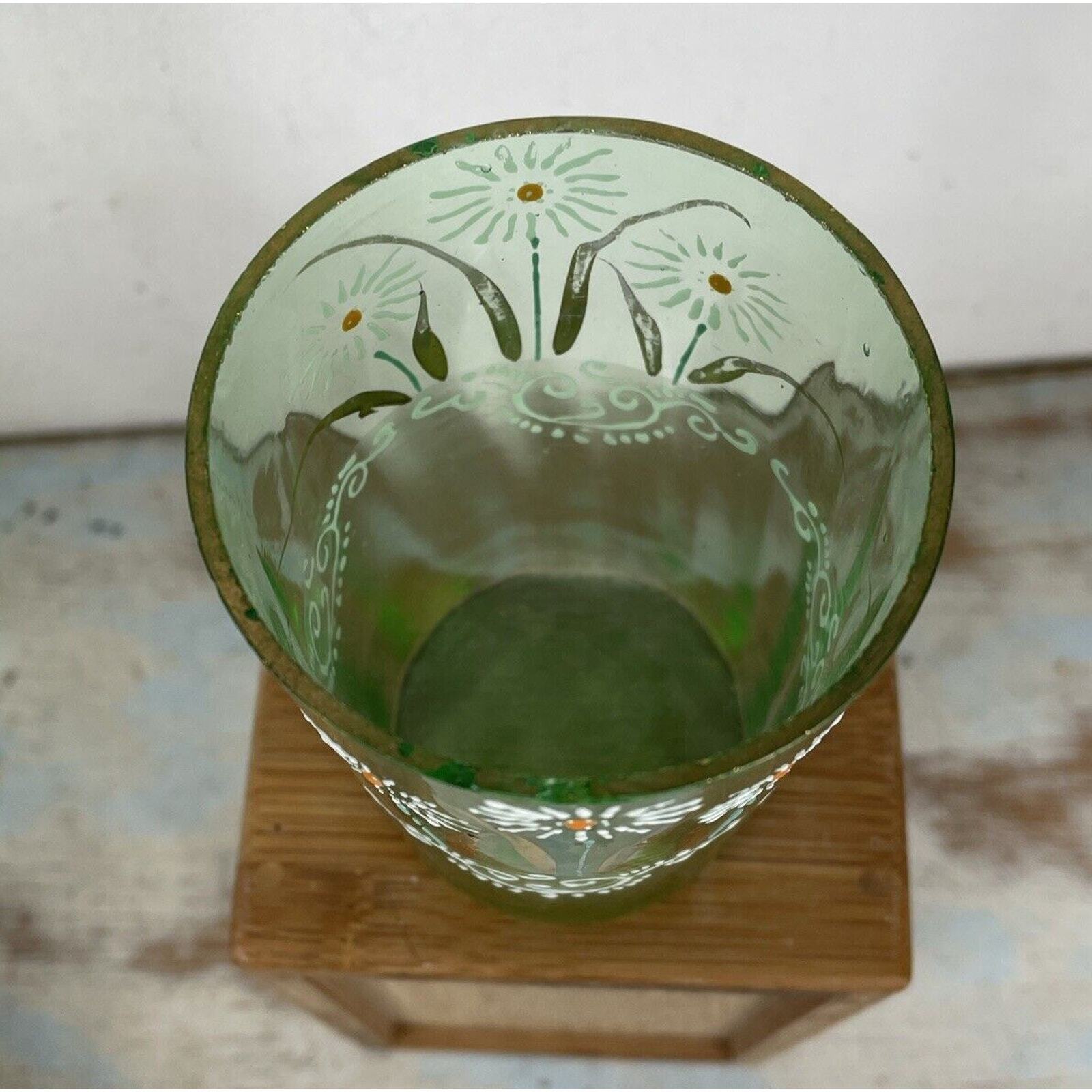 Antique Glass Tumbler Victorian Green Hand Painted Floral Enameled 4" 1800’s