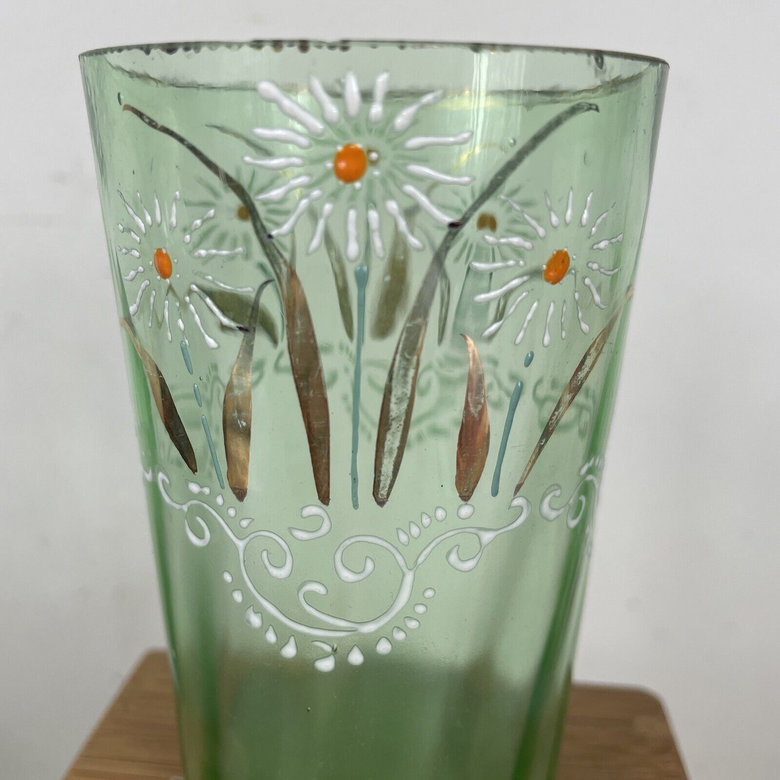 Antique Glass Tumbler Victorian Green Hand Painted Floral Enameled 4" 1800’s