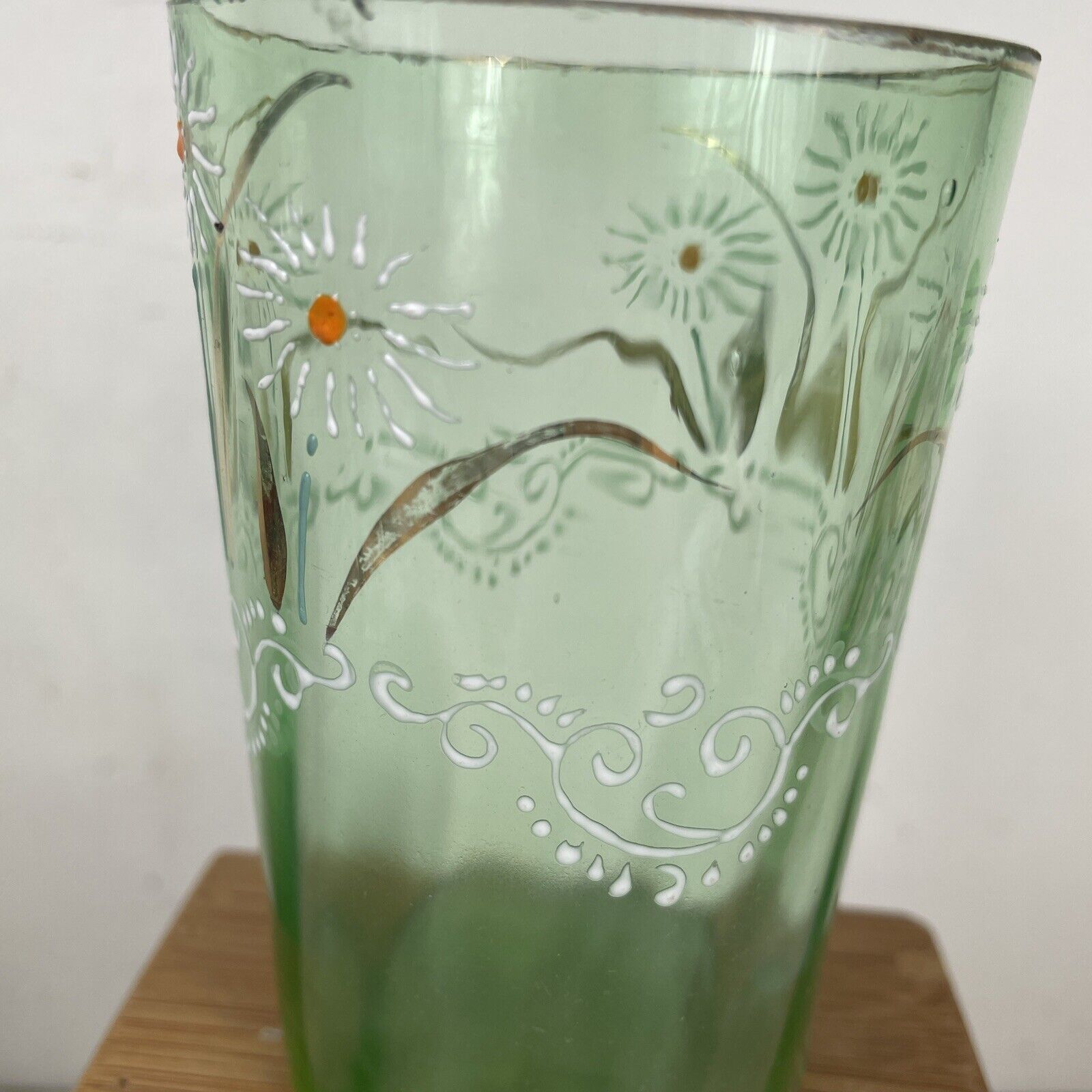 Antique Glass Tumbler Victorian Green Hand Painted Floral Enameled 4" 1800’s