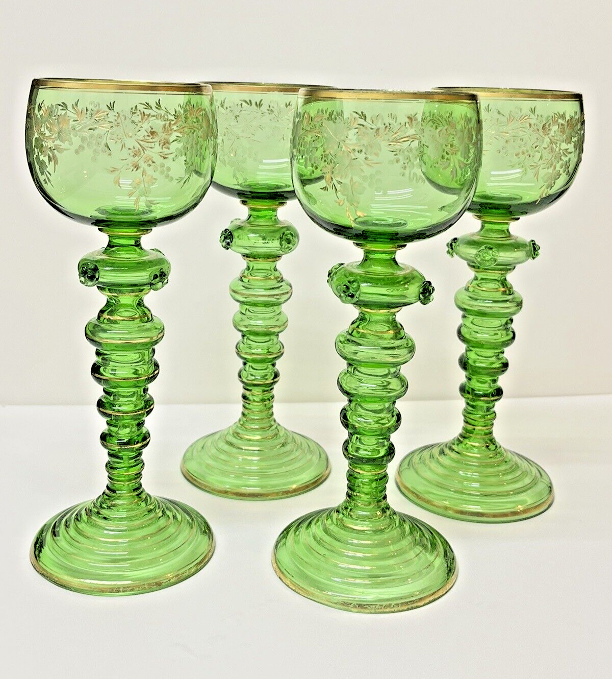 ONE Moser Green & Gilded Crystal Wine Glass 1900's Czech Republic Bohemia    ML