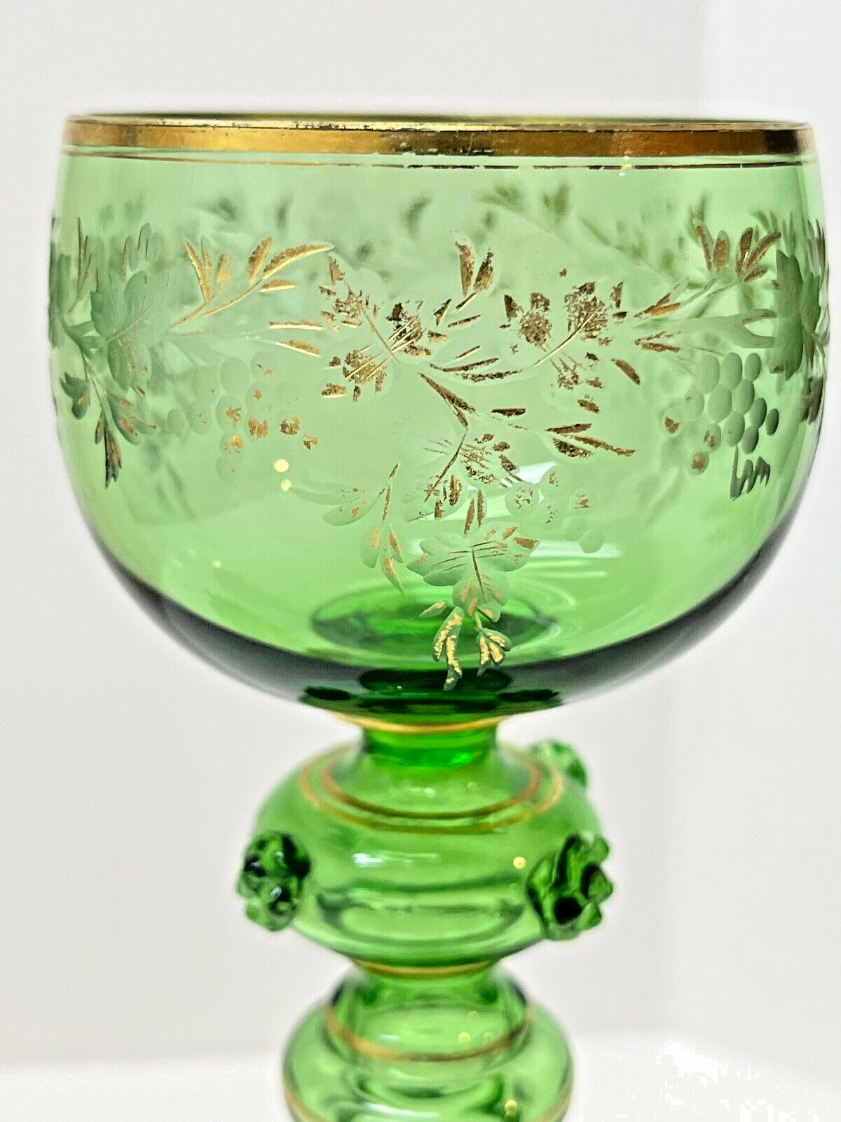 ONE Moser Green & Gilded Crystal Wine Glass 1900's Czech Republic Bohemia    ML