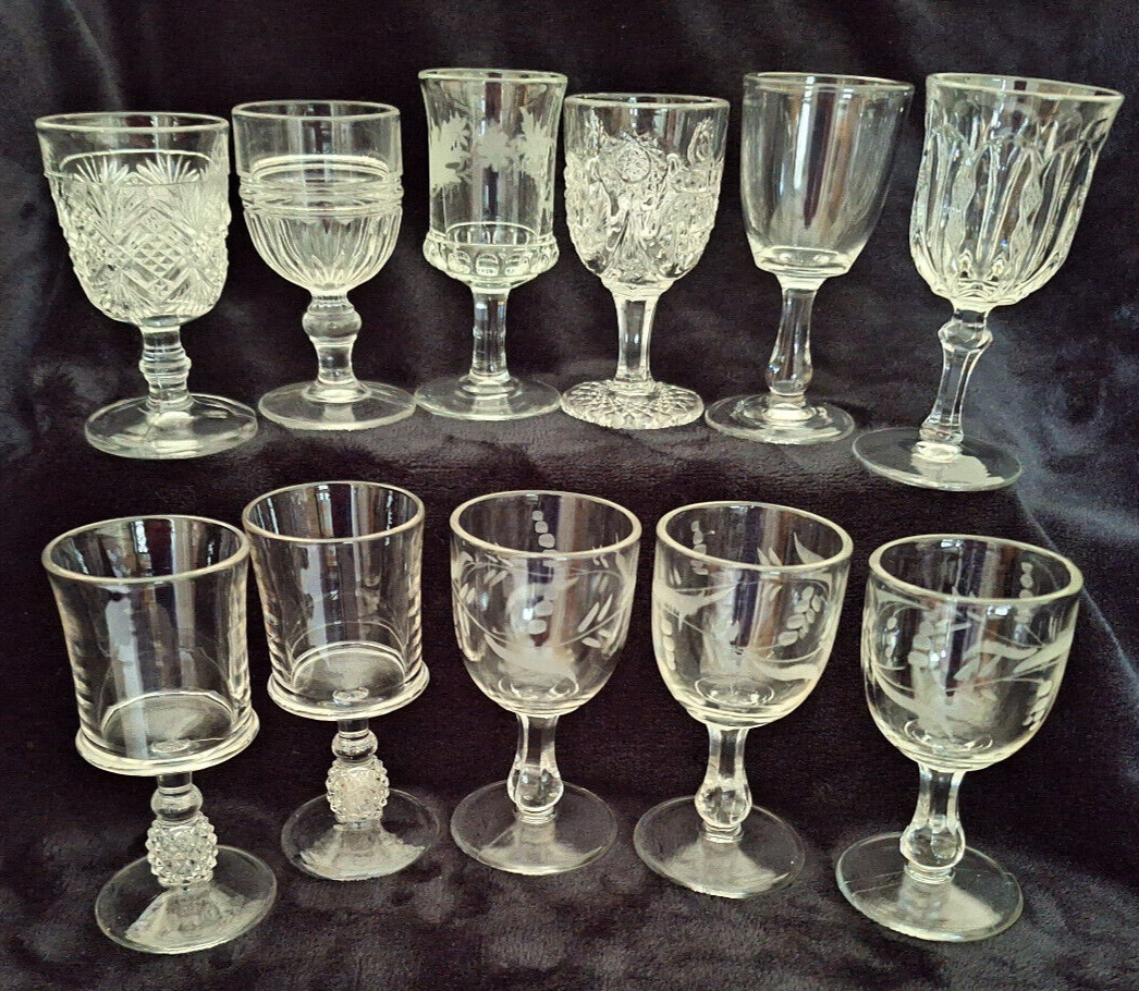 Collection of 11 Nice EAPG Wine Goblets in Various Patterns 1800s - early 1900s
