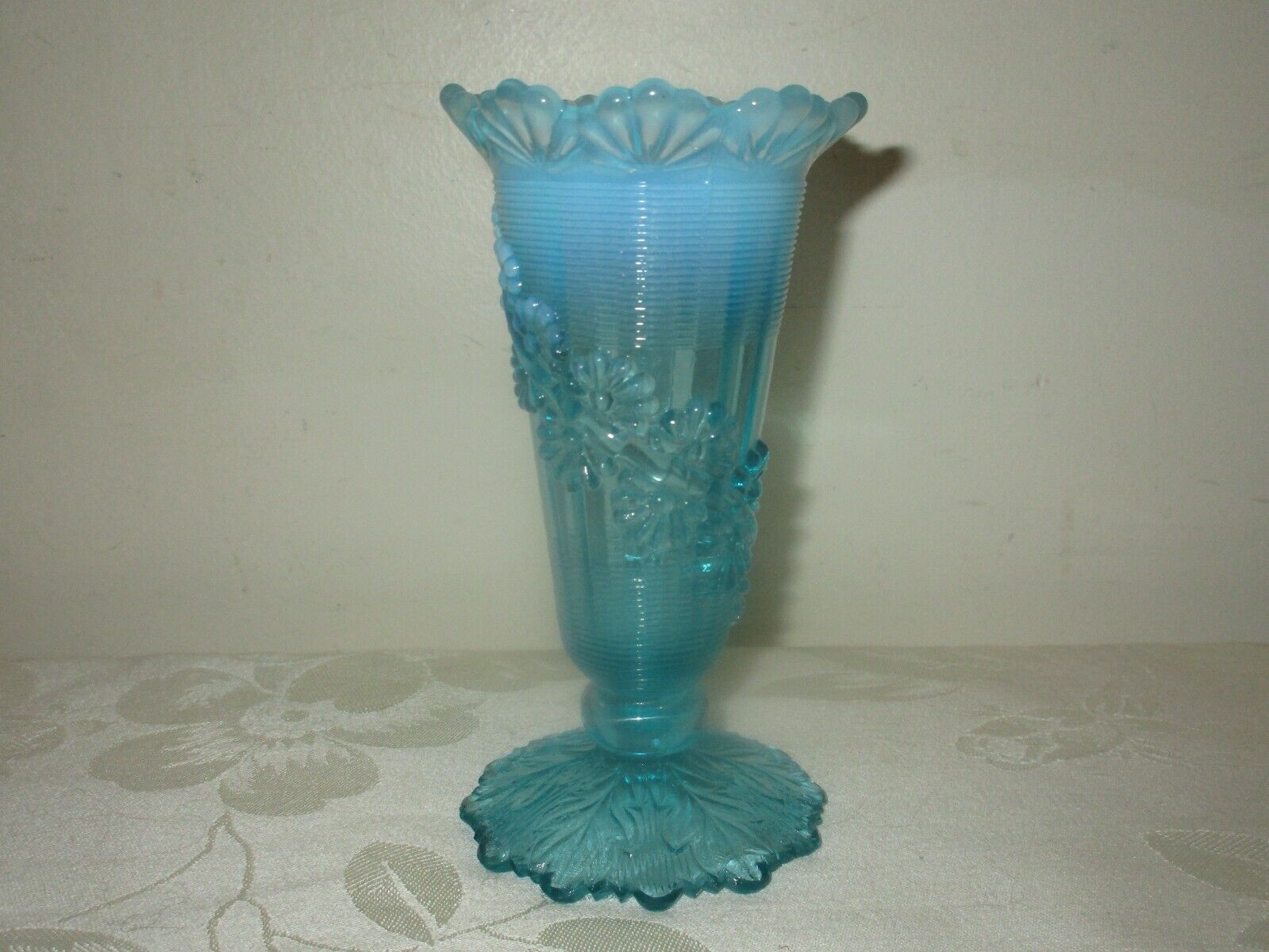 ANTIQUE 1800'S NORTHWOOD BLUE OPALESCENT GLASS FLUTED FOOTED VASE, RAISED RELIEF