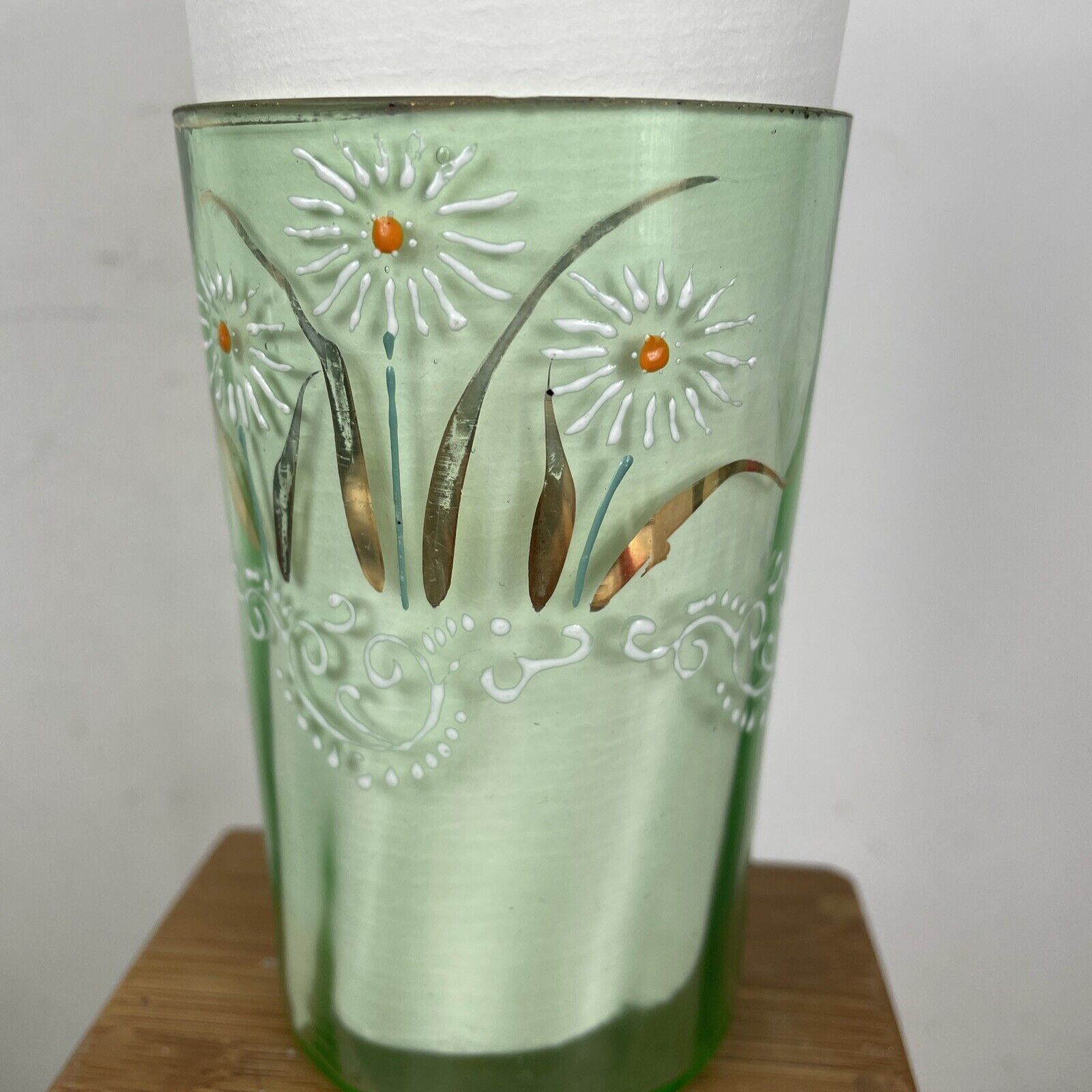 Antique Glass Tumbler Victorian Green Hand Painted Floral Enameled 4" 1800’s