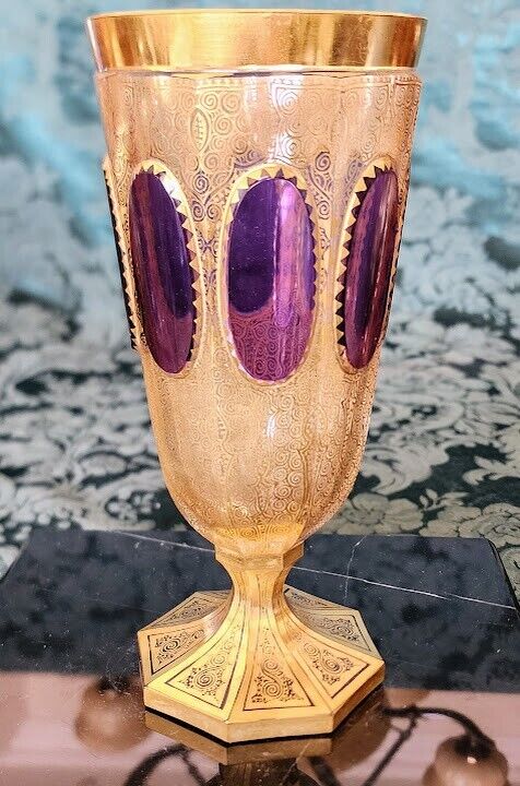 MOSER Goblet 8 Paneled Burgundy with All Over Gold Gilding 1900's