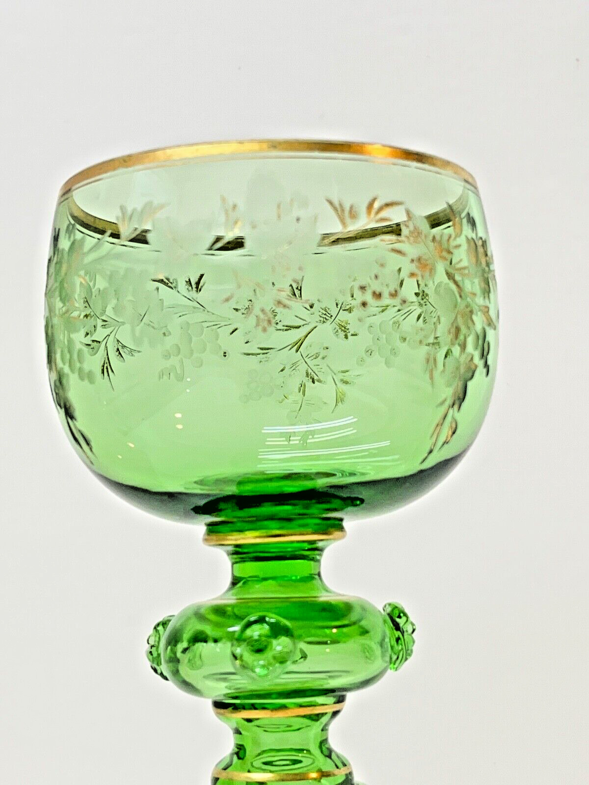 ONE Moser Green & Gilded Crystal Wine Glass 1900's Czech Republic Bohemia    ML