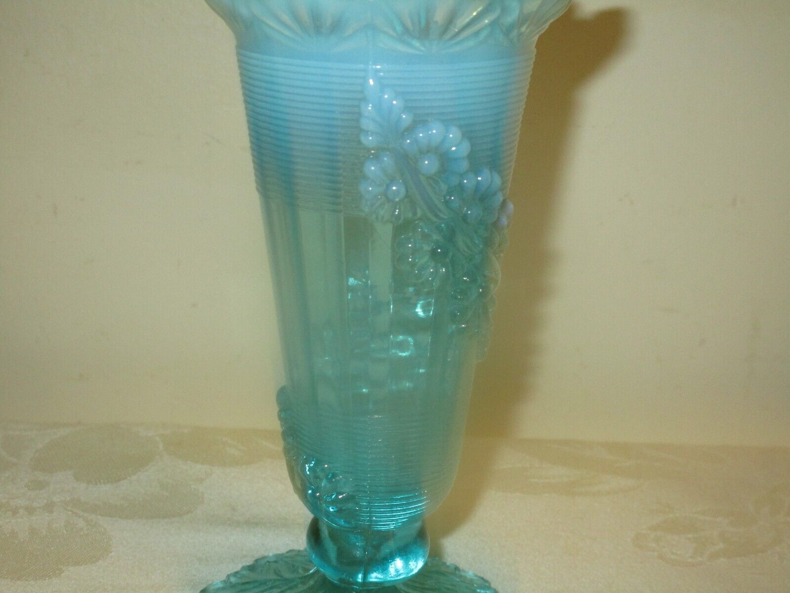 ANTIQUE 1800'S NORTHWOOD BLUE OPALESCENT GLASS FLUTED FOOTED VASE, RAISED RELIEF