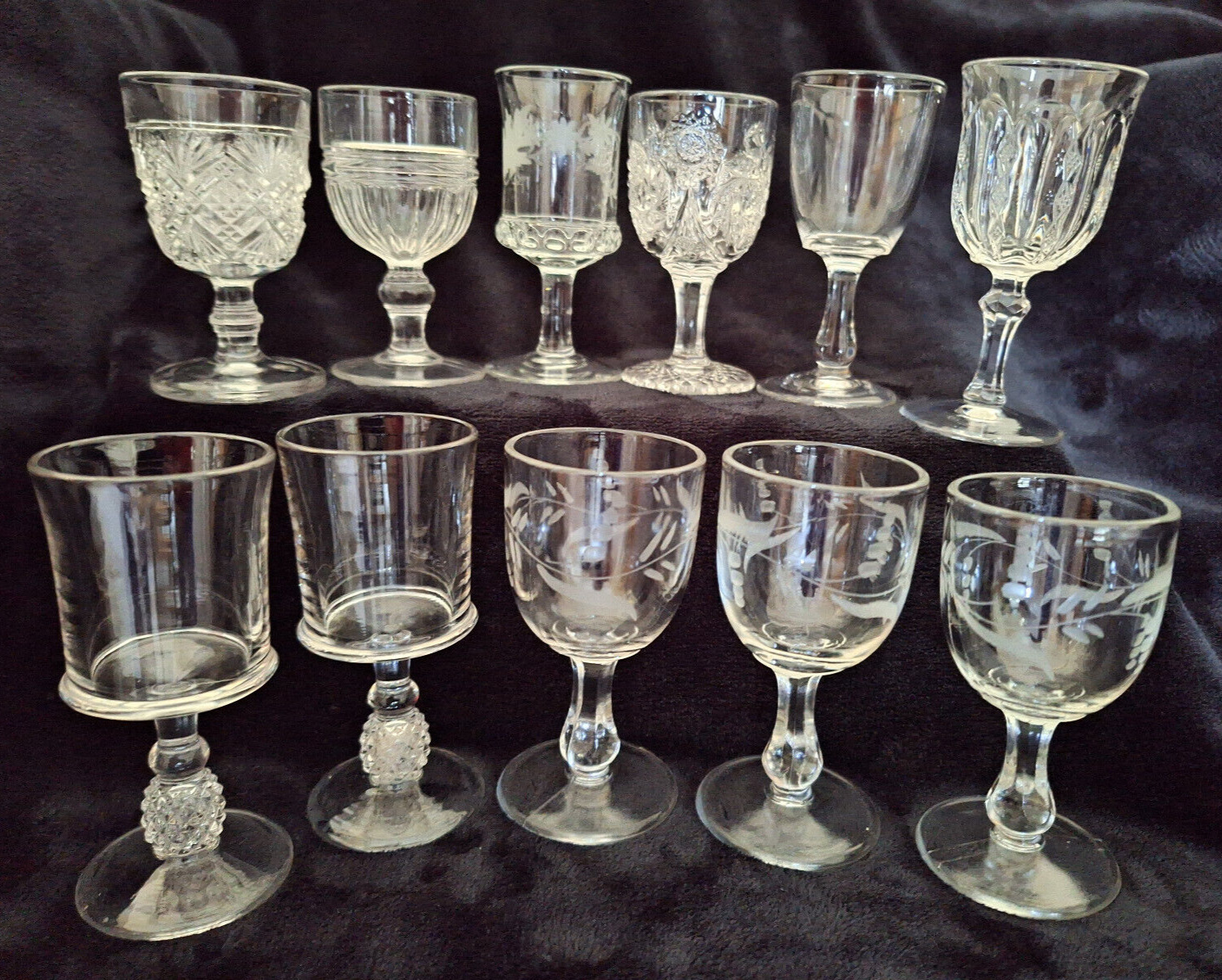 Collection of 11 Nice EAPG Wine Goblets in Various Patterns 1800s - early 1900s