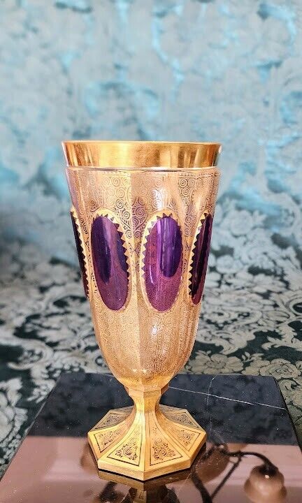 MOSER Goblet 8 Paneled Burgundy with All Over Gold Gilding 1900's