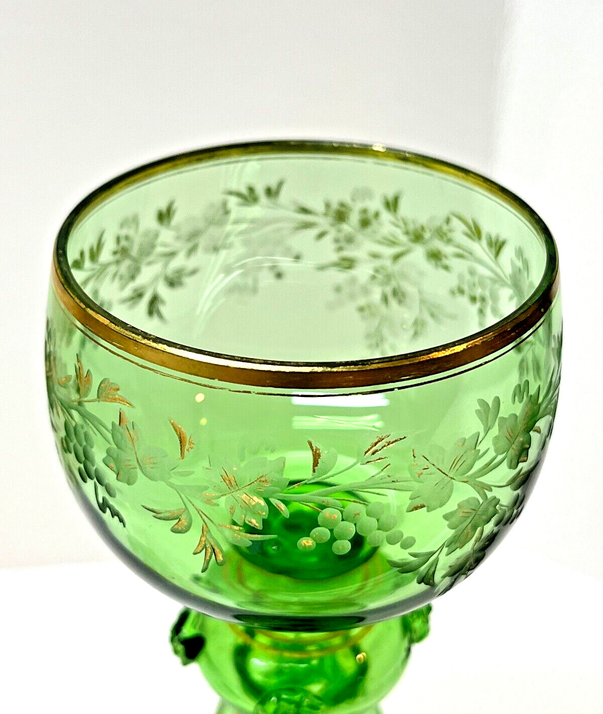 ONE Moser Green & Gilded Crystal Wine Glass 1900's Czech Republic Bohemia    ML