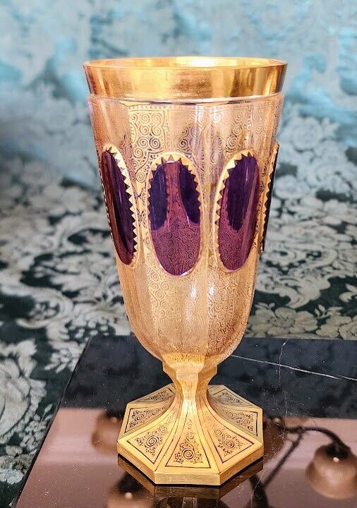 MOSER Goblet 8 Paneled Burgundy with All Over Gold Gilding 1900's