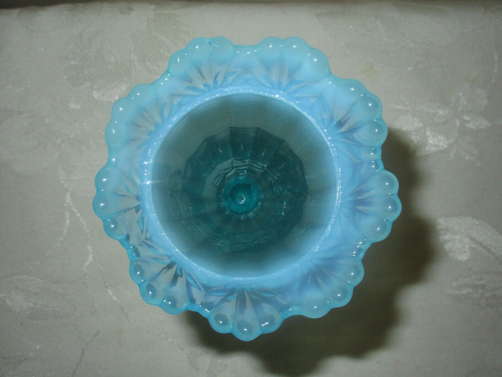 ANTIQUE 1800'S NORTHWOOD BLUE OPALESCENT GLASS FLUTED FOOTED VASE, RAISED RELIEF