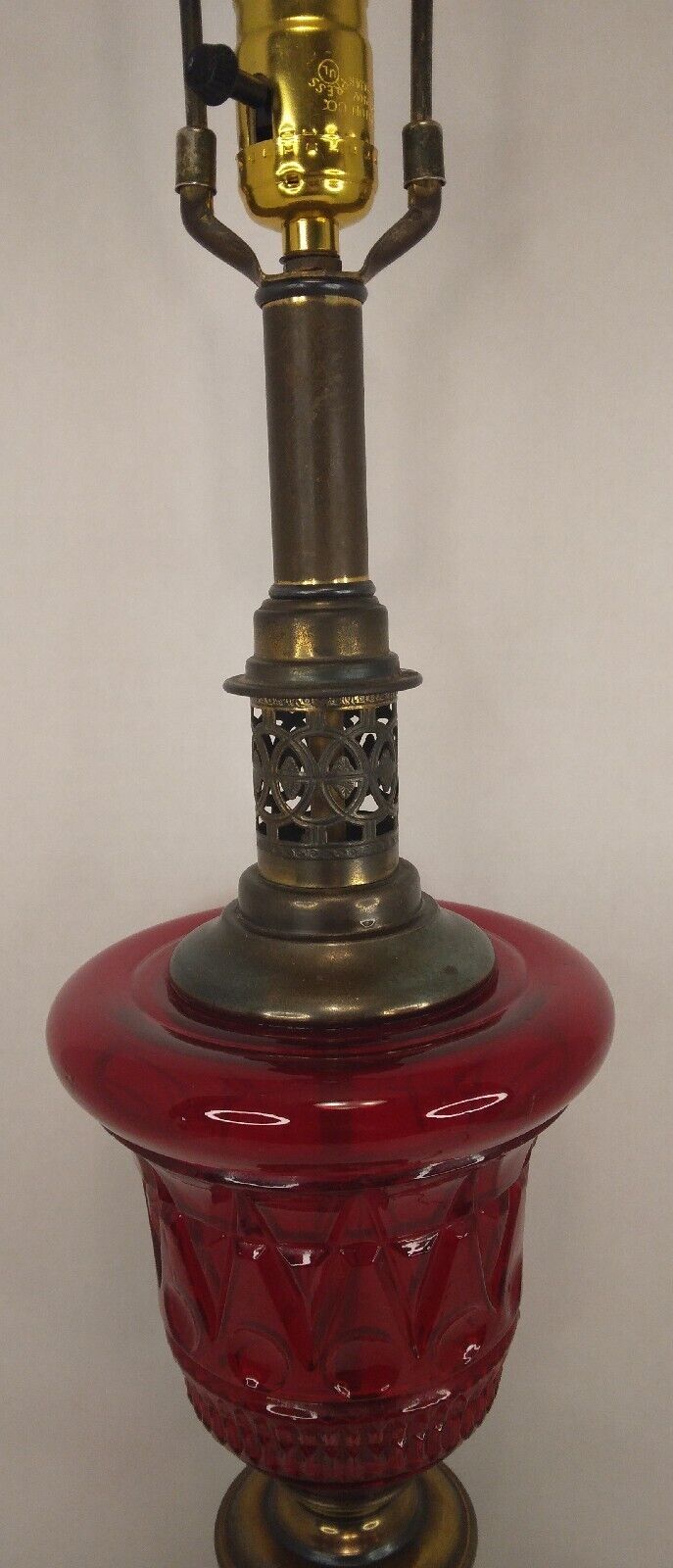  Antique Vintage Ruby Red Glass & Brass Table Lamp 