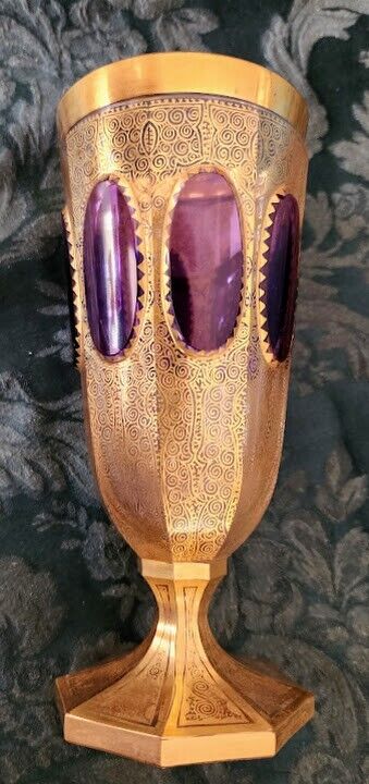 MOSER Goblet 8 Paneled Burgundy with All Over Gold Gilding 1900's