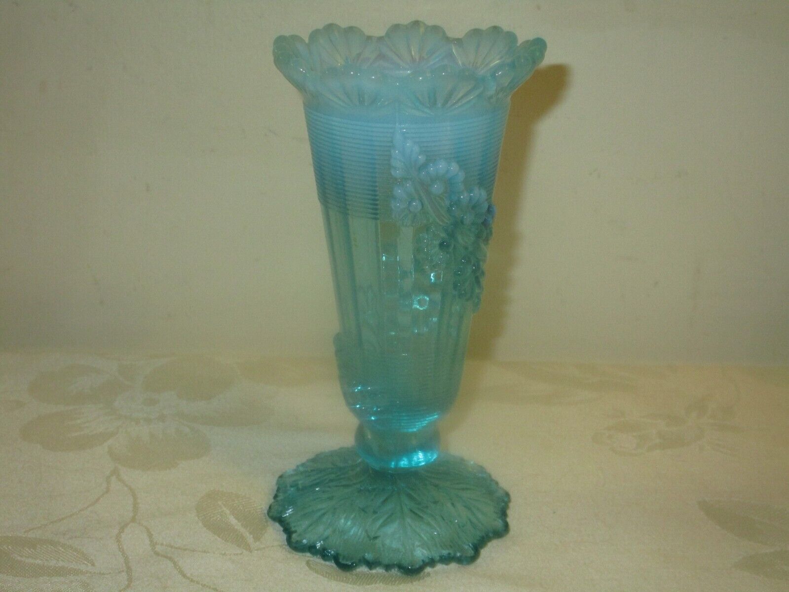ANTIQUE 1800'S NORTHWOOD BLUE OPALESCENT GLASS FLUTED FOOTED VASE, RAISED RELIEF