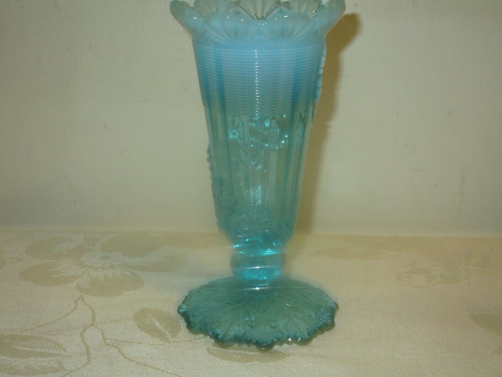 ANTIQUE 1800'S NORTHWOOD BLUE OPALESCENT GLASS FLUTED FOOTED VASE, RAISED RELIEF