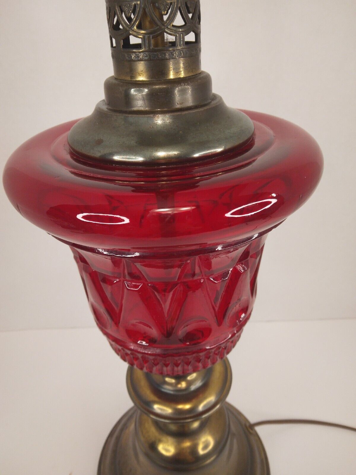  Antique Vintage Ruby Red Glass & Brass Table Lamp 