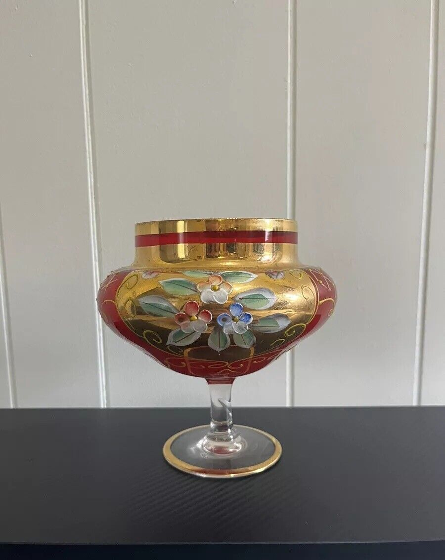 RARE 1800s Vintage Czech Red Wine Goblet Glass w/ Enameled Flowers & Gold Tone
