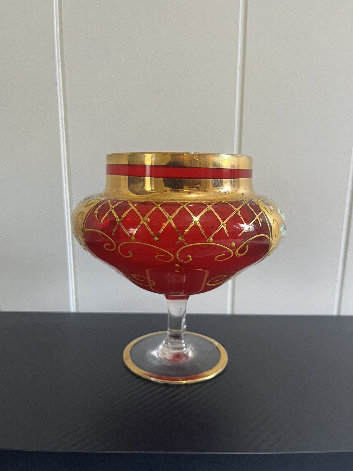 RARE 1800s Vintage Czech Red Wine Goblet Glass w/ Enameled Flowers & Gold Tone
