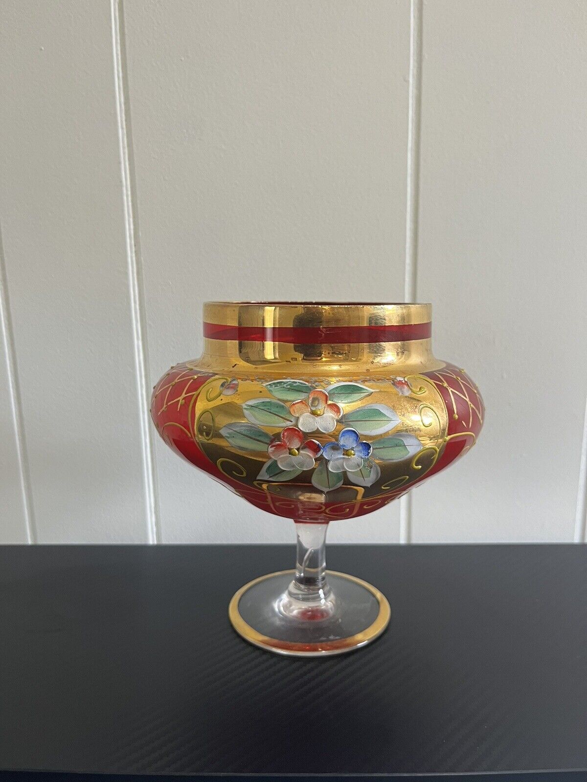 RARE 1800s Vintage Czech Red Wine Goblet Glass w/ Enameled Flowers & Gold Tone